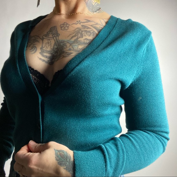 BANANA REPUBLIC V-Neck Cardigan Dark Teal Womens Small Petite - Picture 4 of 7